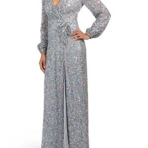 NWT MAC DUGGAL Plunging V-neck Sequin Evening DRESS Gown  SILVER